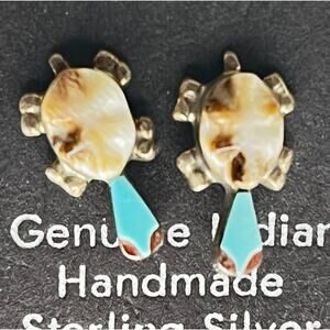 Zuni Indian Sterling Silver Turquoise Coral Turtle Post Earrings Handmade New